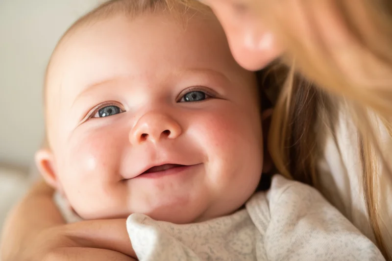 Smiling baby held in caregiver’s arms close-up