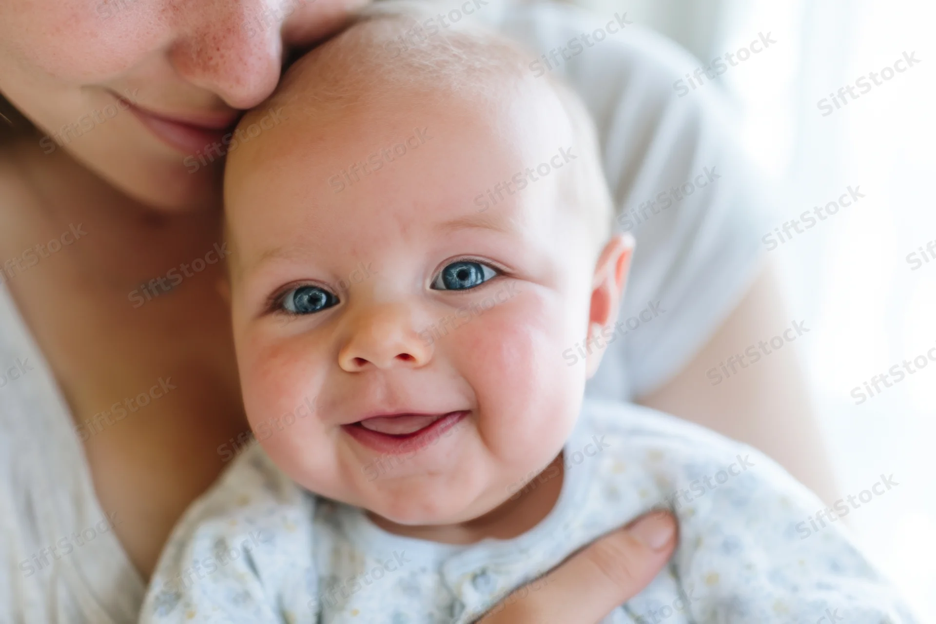 Smiling baby held close by mother in a tender embrace
