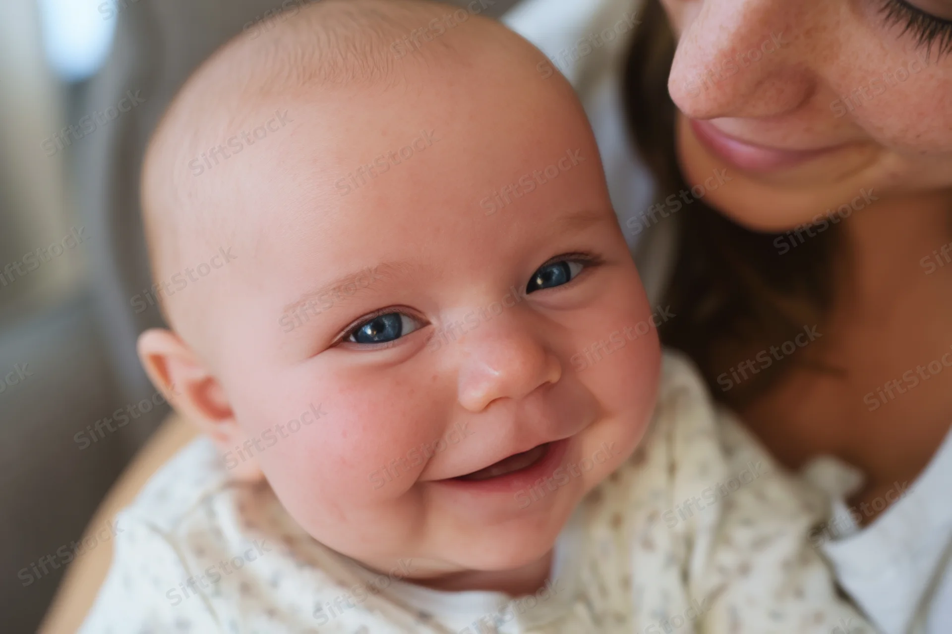 Smiling baby held close by a woman in a home setting