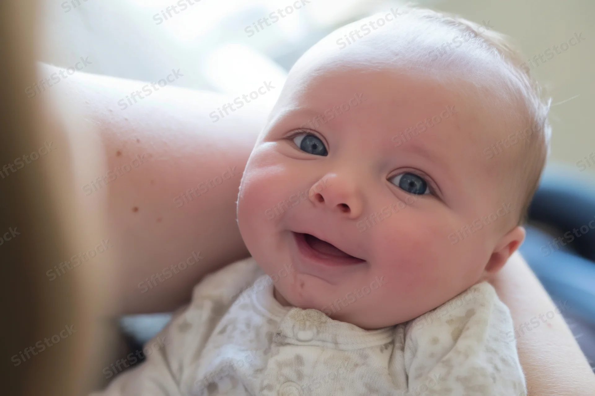 Smiling baby held in caregiver's arms close-up