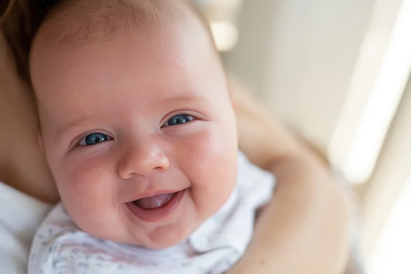 Smiling baby held in caregiver's arms close-up