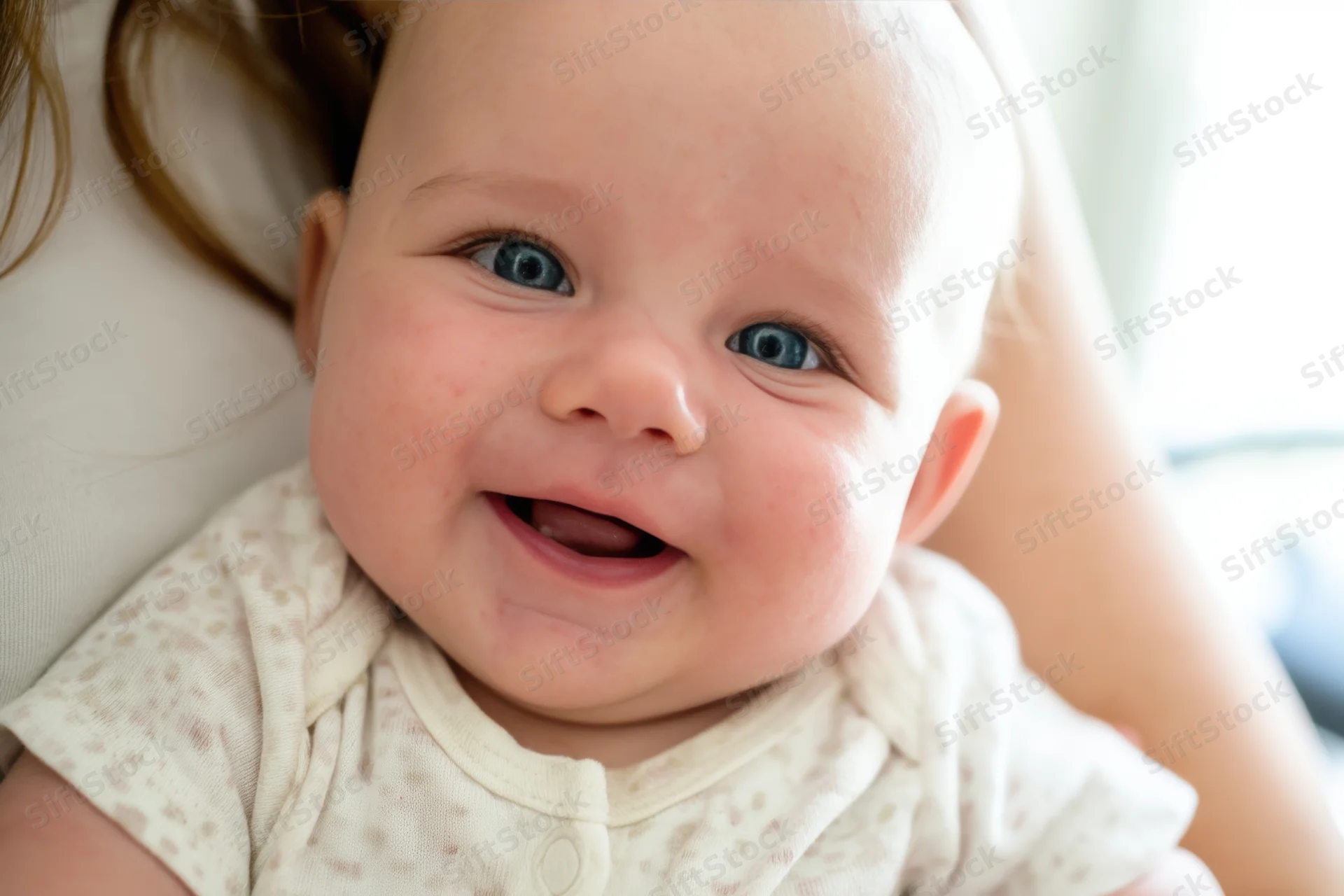 Smiling baby held in caregiver's arms close-up