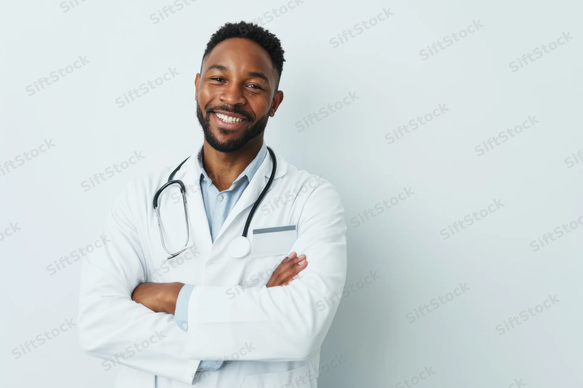 Smiling male doctor in white coat with stethoscope arms crossed against light background