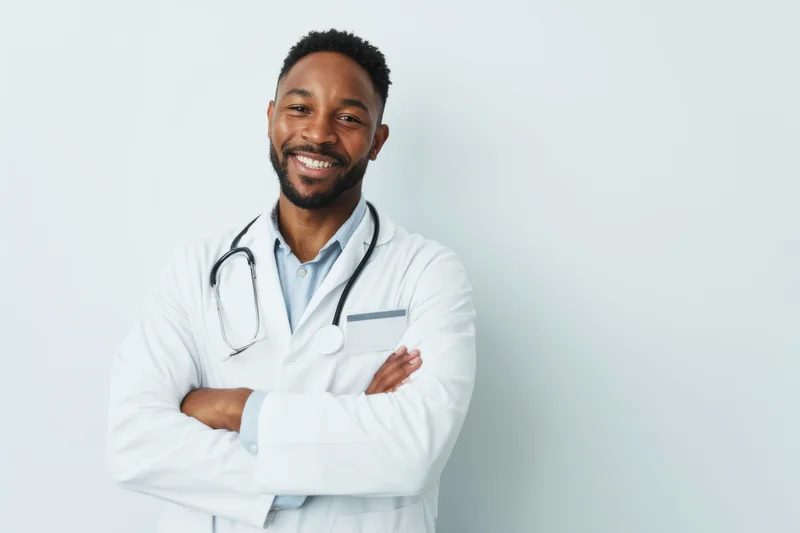 Smiling male doctor in white coat with stethoscope arms crossed against light background