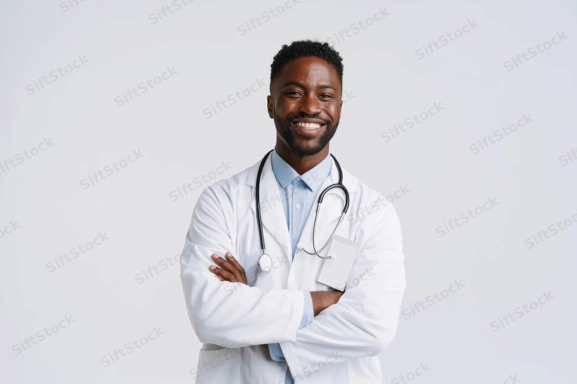 Smiling male doctor in white lab coat with stethoscope arms crossed in studio