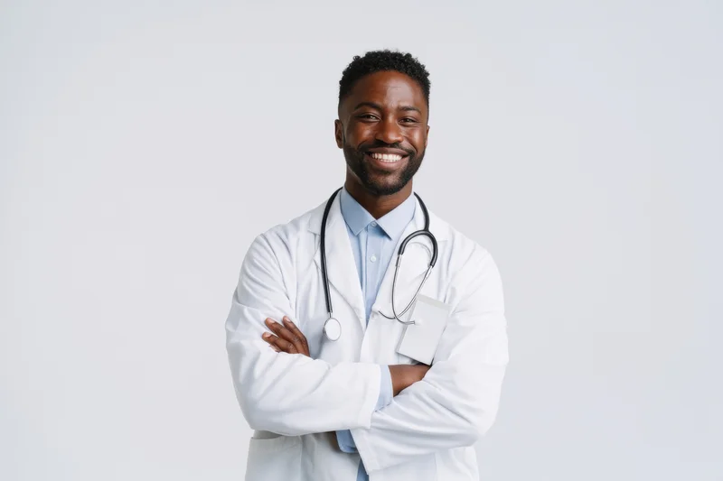 Smiling male doctor in white lab coat with stethoscope arms crossed in studio