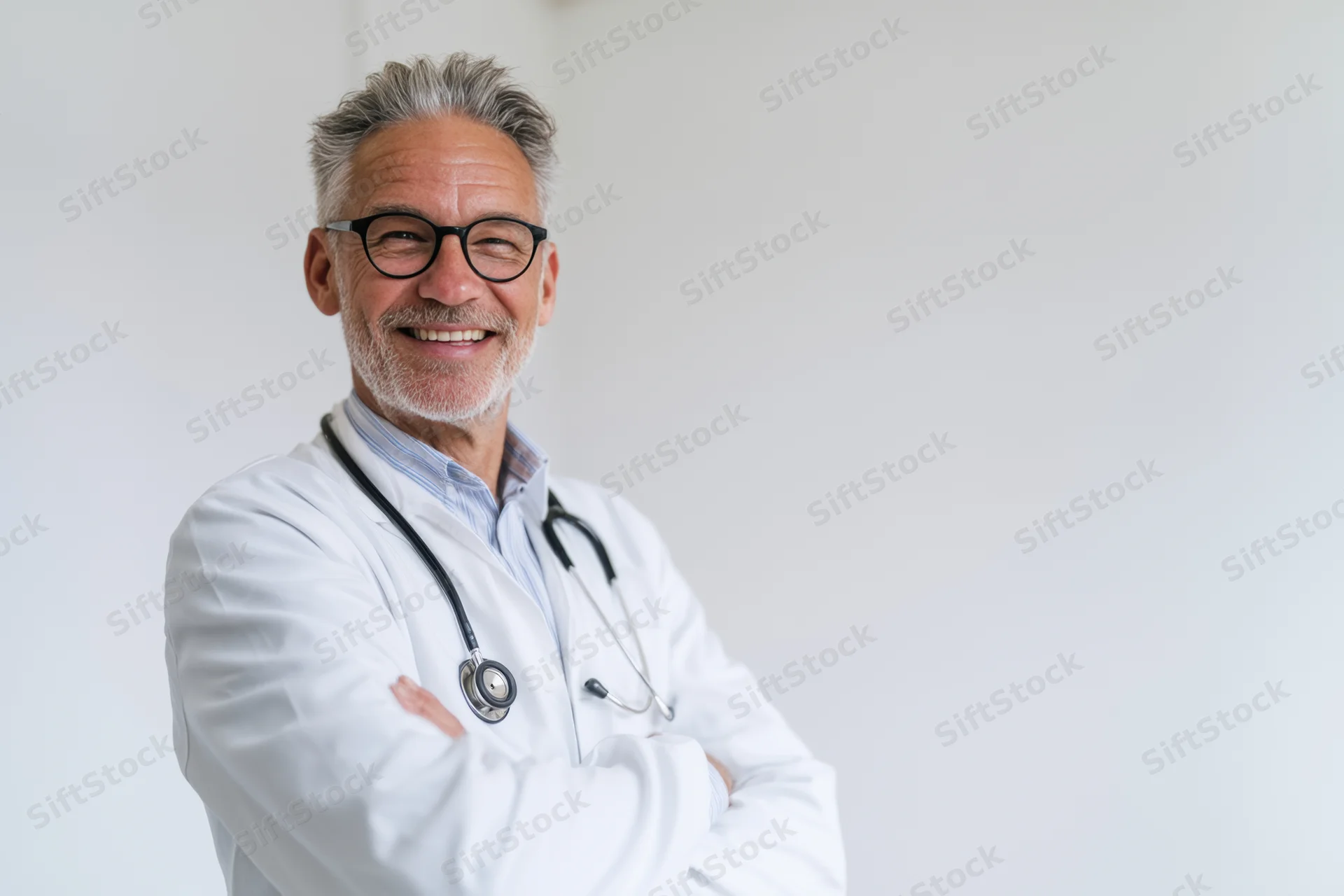 Smiling male doctor in white lab coat with stethoscope arms crossed in studio