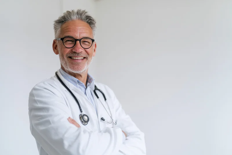 Smiling male doctor in white lab coat with stethoscope arms crossed in studio