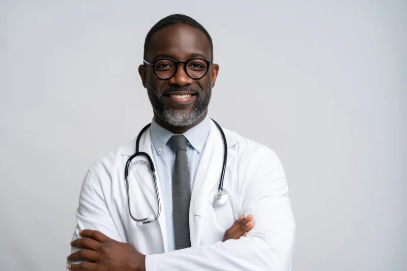 Smiling male doctor in white lab coat with stethoscope arms crossed against plain background