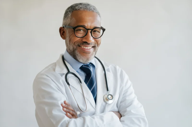 Smiling male doctor in white lab coat with stethoscope arms crossed in clinic