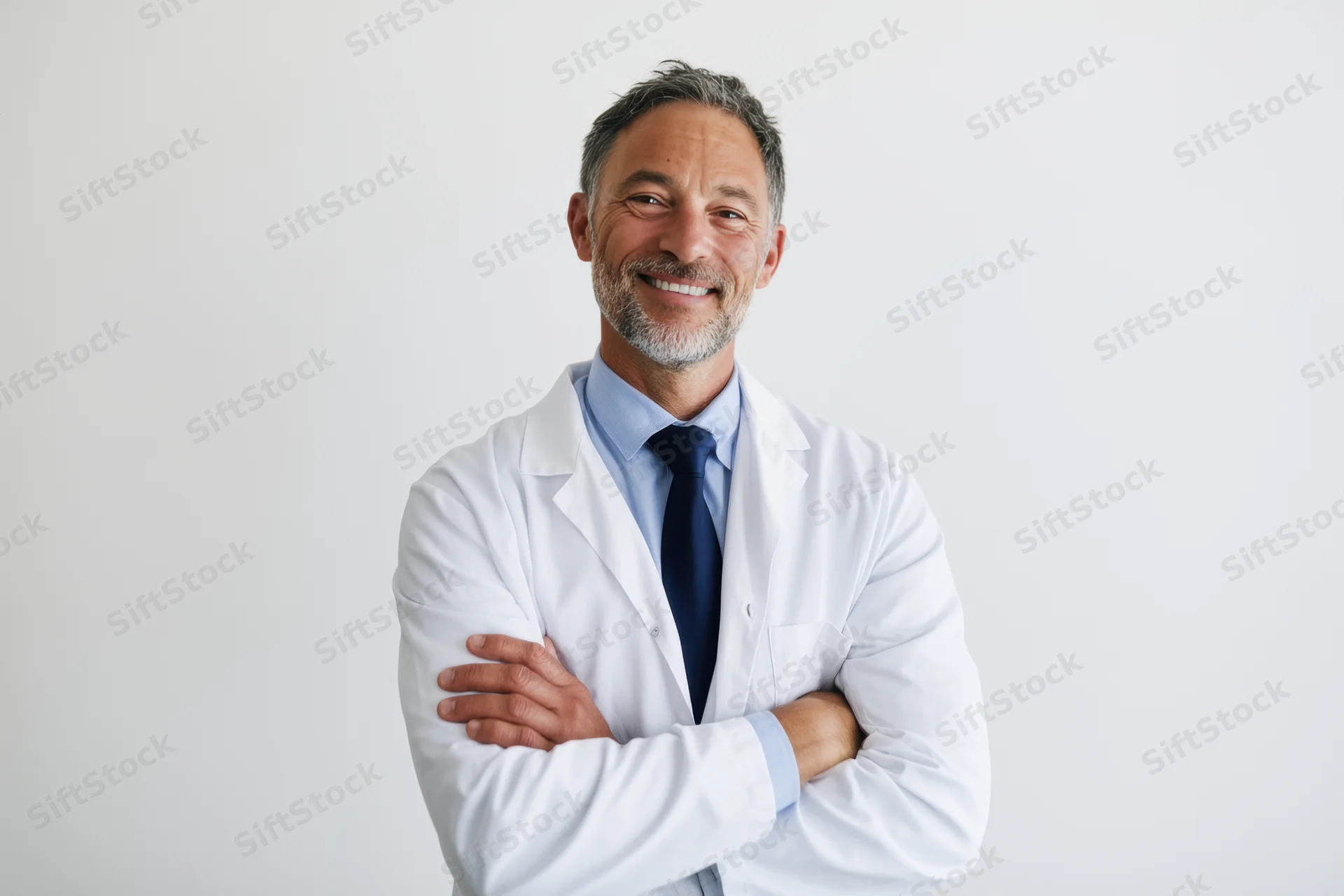 Smiling male doctor in white lab coat with arms crossed against plain background