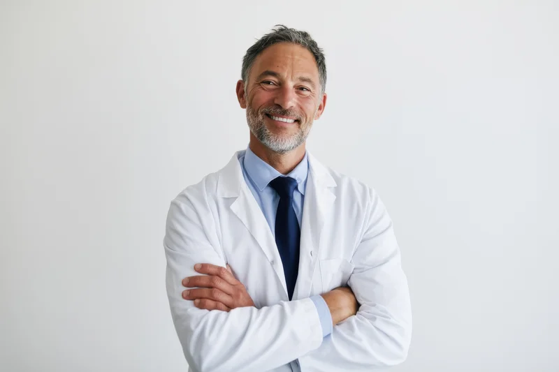 Smiling male doctor in white lab coat with arms crossed against plain background