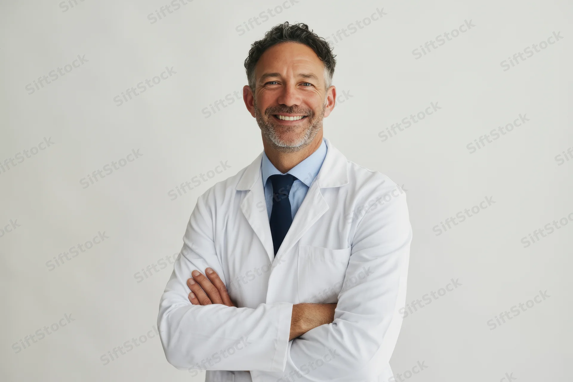 Smiling male doctor in white lab coat with arms crossed against plain background