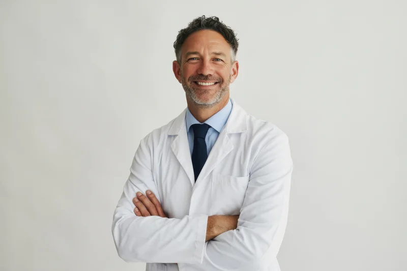 Smiling male doctor in white lab coat with arms crossed against plain background