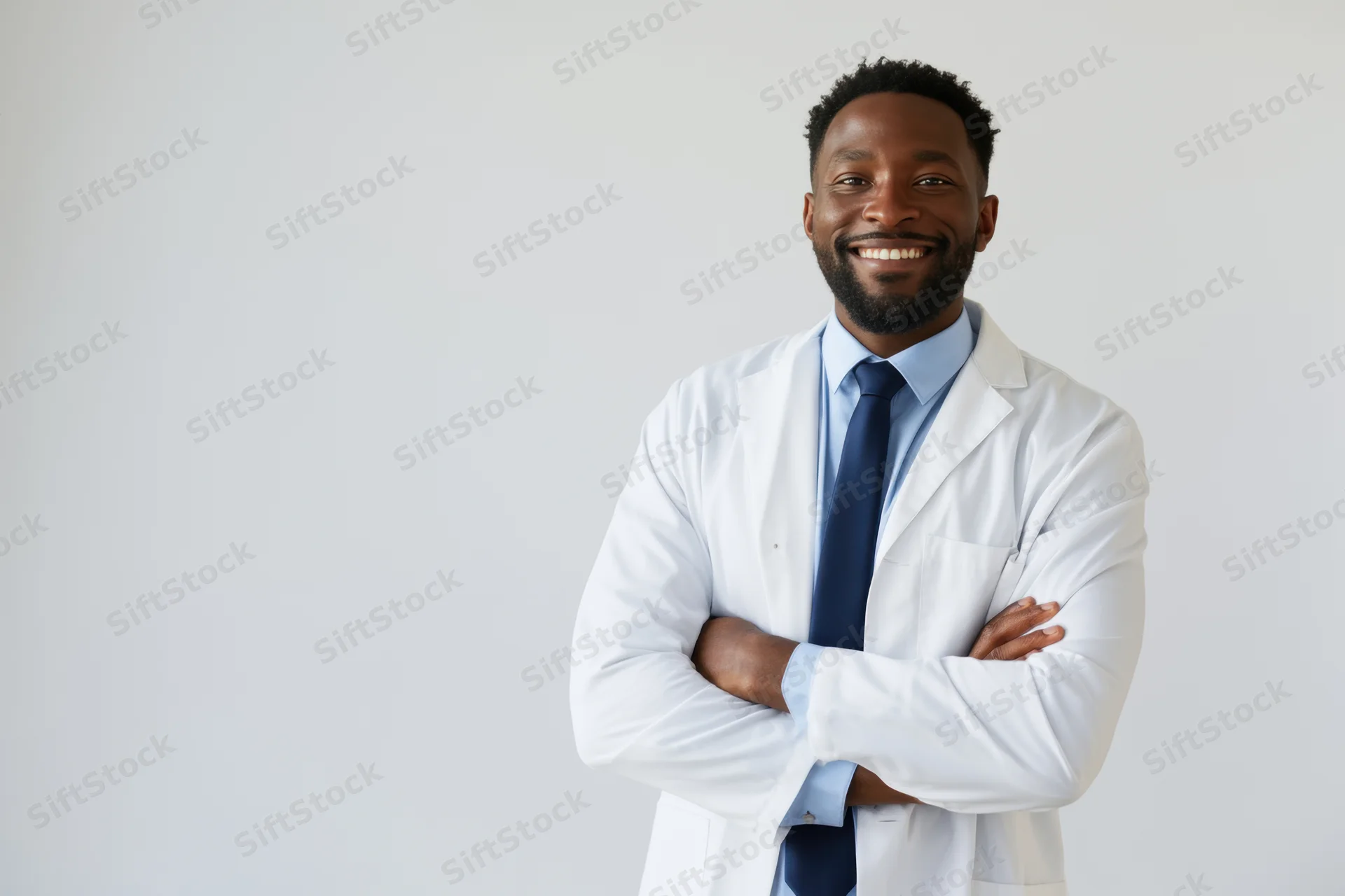 Smiling africanamerican doctor in white lab coat with arms crossed in studio