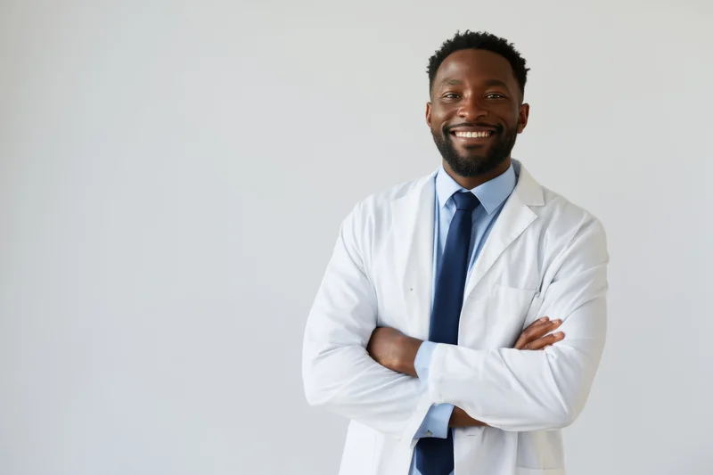 Smiling africanamerican doctor in white lab coat with arms crossed in studio