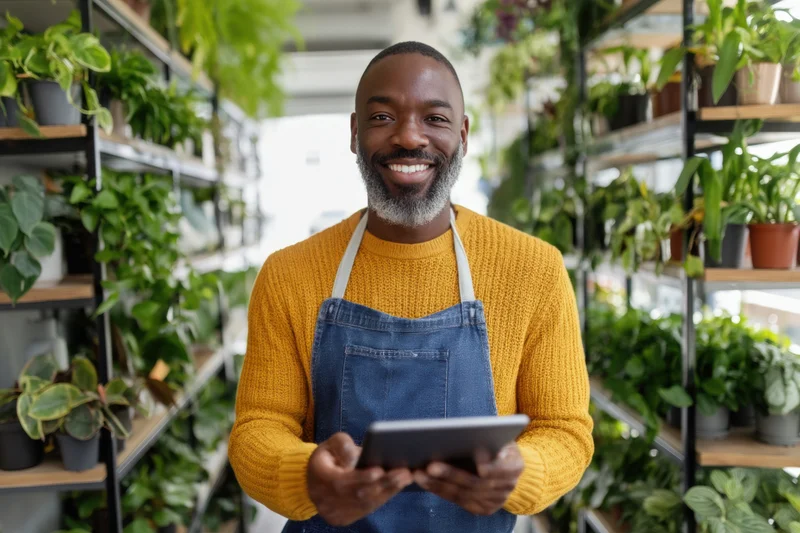 Smiling man in apron holding tablet in plant nursery surrounded by shelves of potted plants