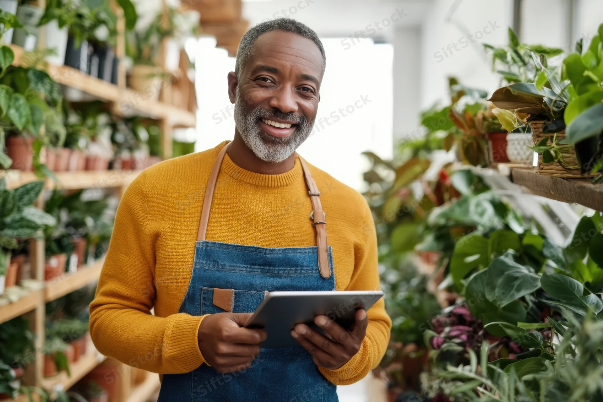 Smiling man in denim apron holding tablet in plant nursery