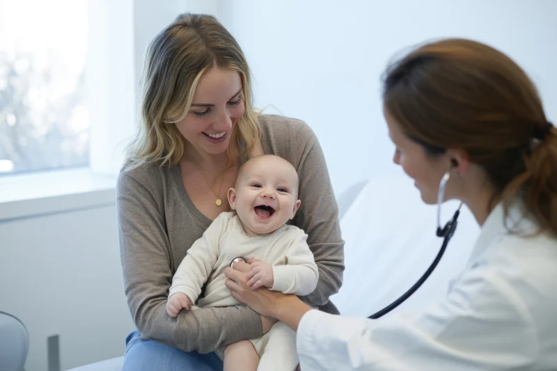 Mother holding laughing baby during pediatrician checkup in clinic