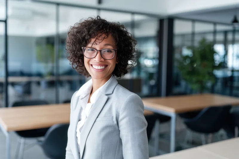 Smiling professional woman in a modern office wearing glasses and a blazer