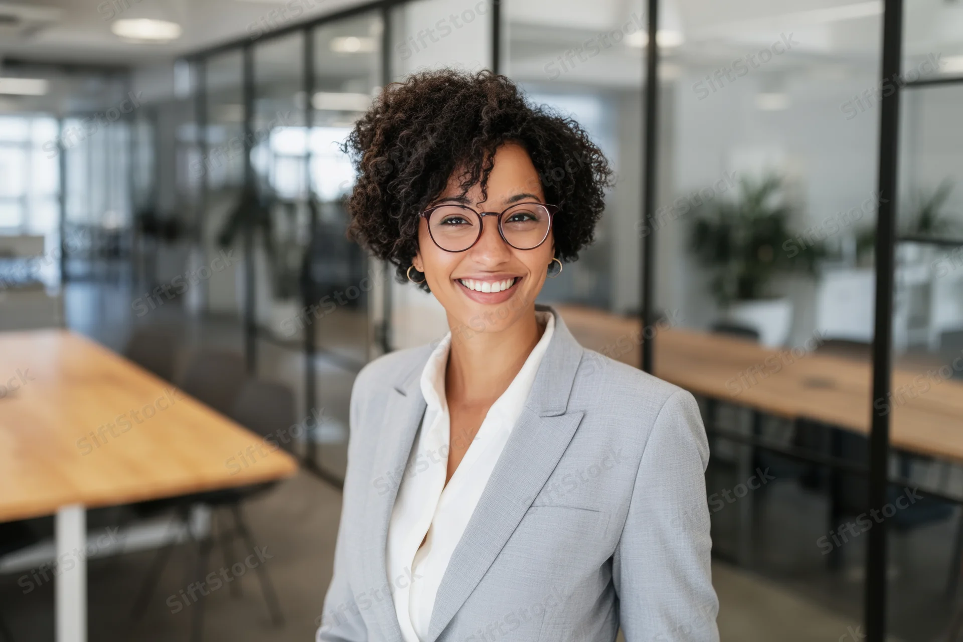 Smiling professional woman in a modern office environment wearing glasses and a blazer
