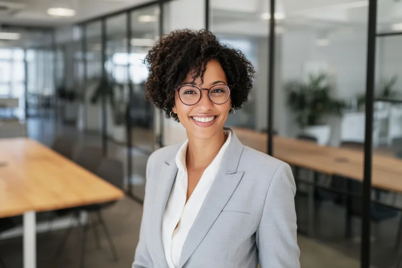 Smiling professional woman in a modern office environment wearing glasses and a blazer