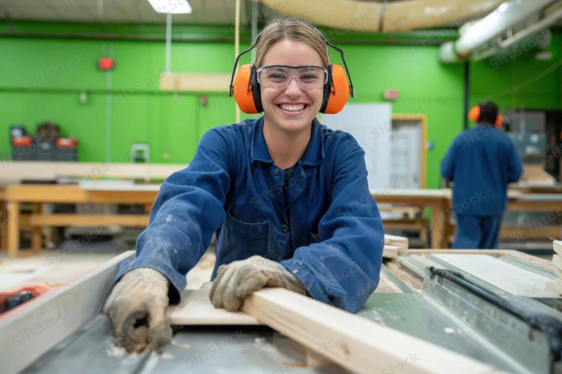 Woman in blue coveralls and safety gear smiling while guiding wood through a table saw in a workshop