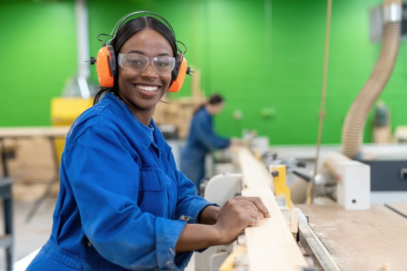 Smiling woman in blue coveralls and safety gear working with wood in a workshop