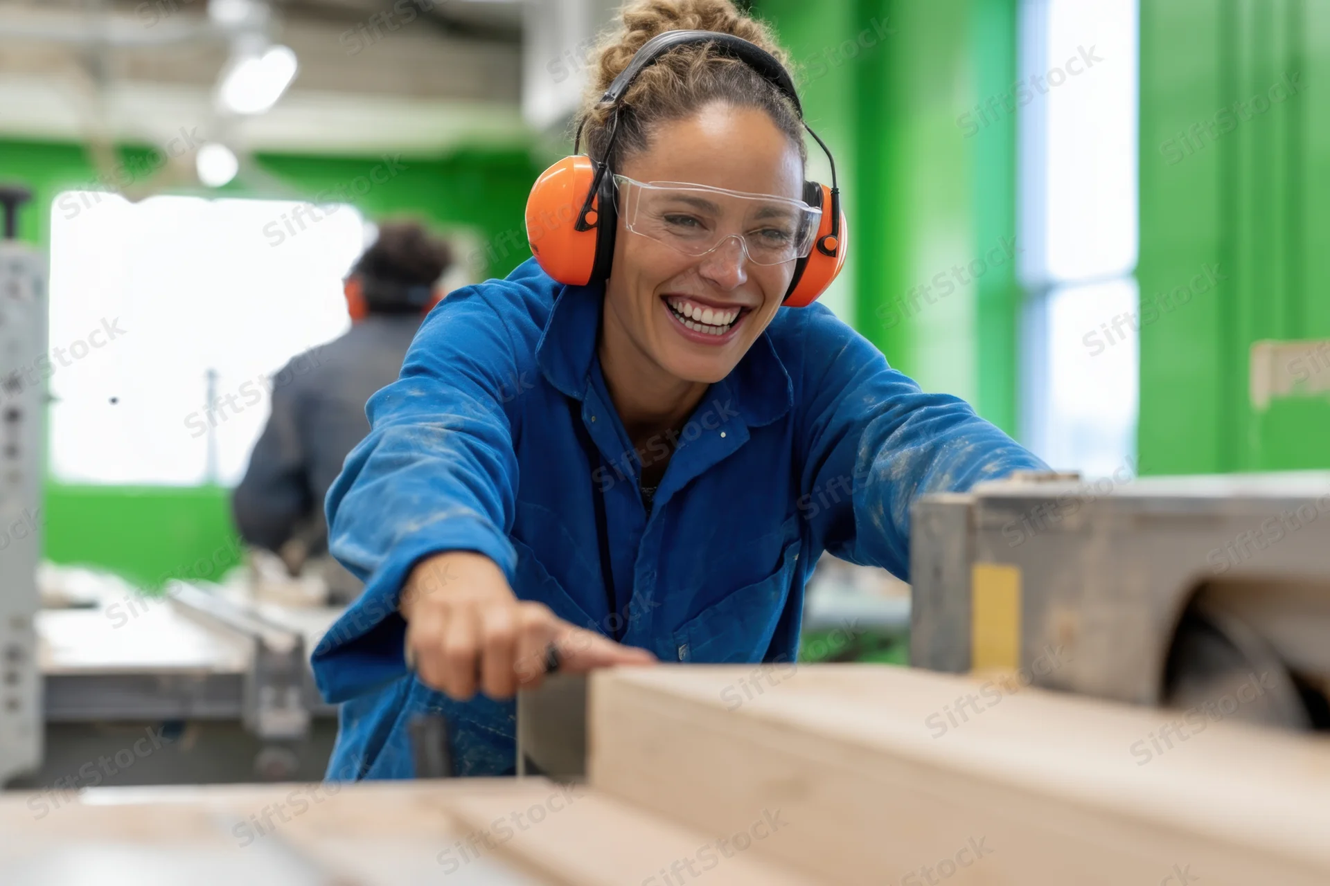 Woman in blue coveralls smiling while working with wood in a workshop