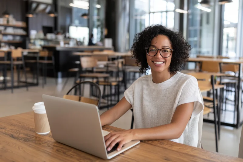 Woman smiling while working on laptop at wooden table in modern cafe