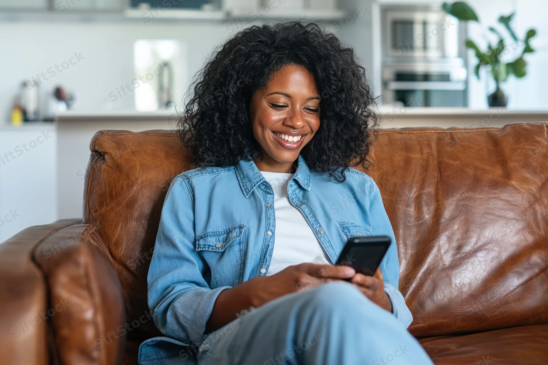 Woman smiling while using smartphone on brown leather couch in living room