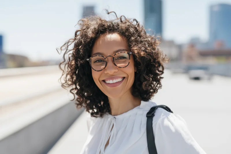 Smiling woman with curly hair and glasses standing outdoors on a city sidewalk
