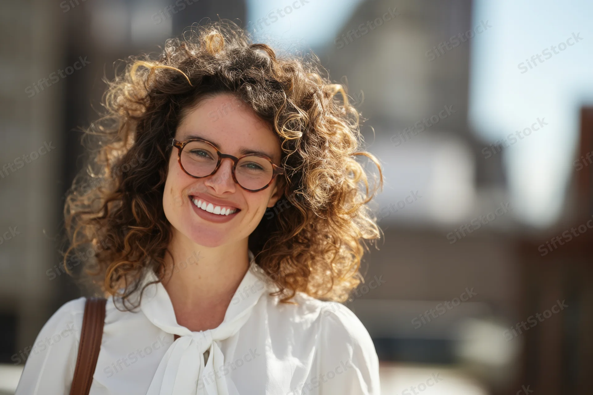 Smiling woman with curly hair and glasses outdoors in daylight