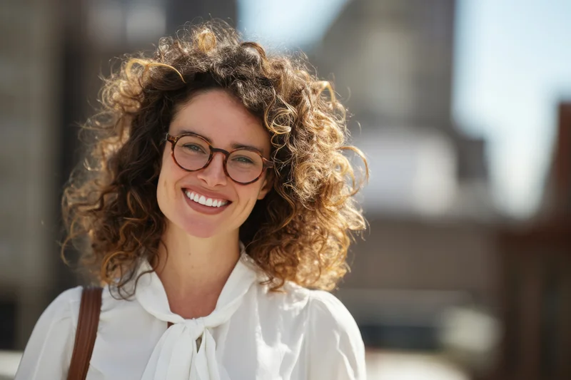 Smiling woman with curly hair and glasses outdoors in daylight