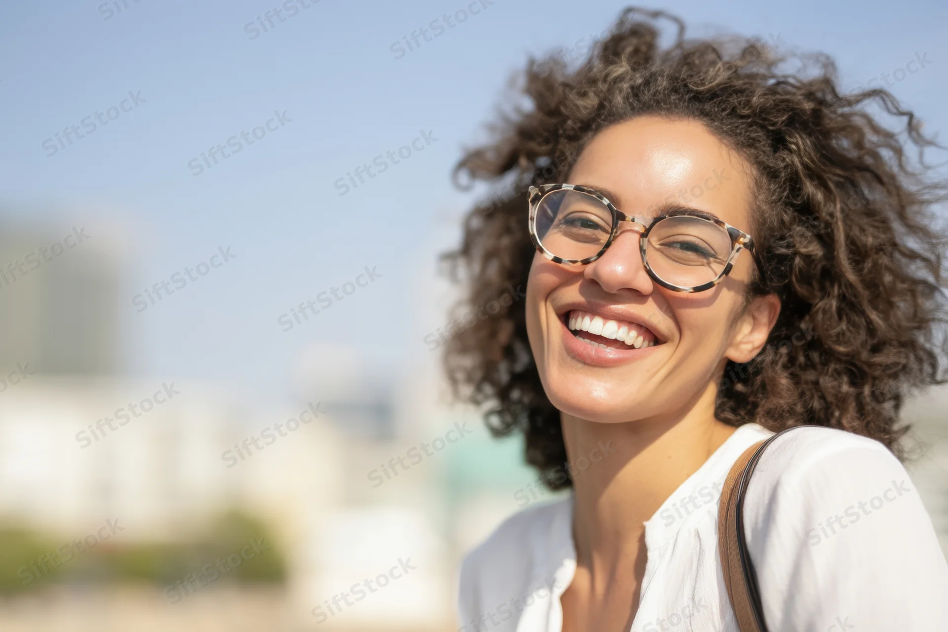 Smiling woman with curly hair and glasses outdoors in daylight
