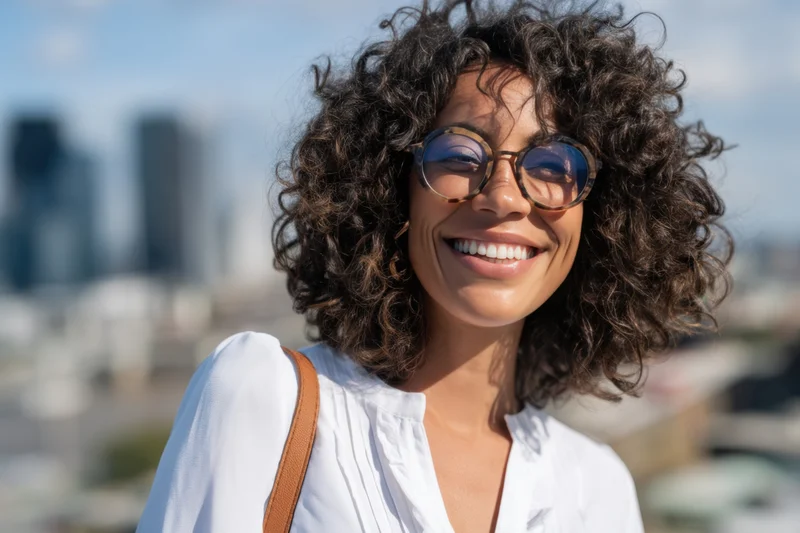 Smiling woman with curly hair and sunglasses outdoors in a city setting