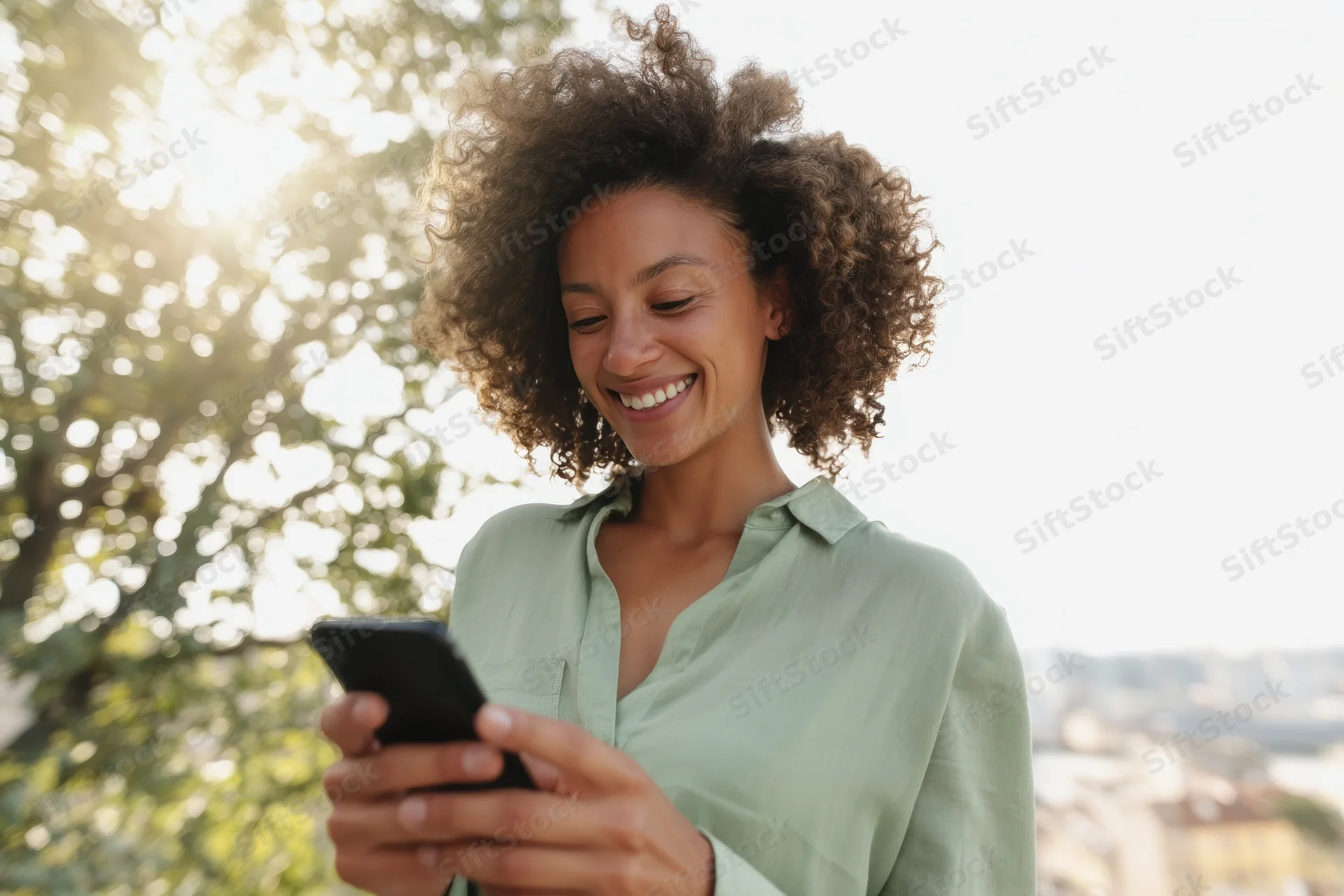 Smiling woman using smartphone outdoors with trees and city in background