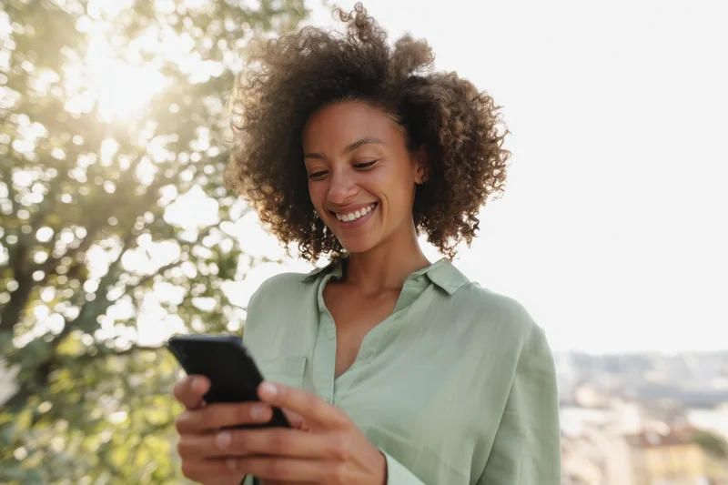 Smiling woman using smartphone outdoors with trees and city in background