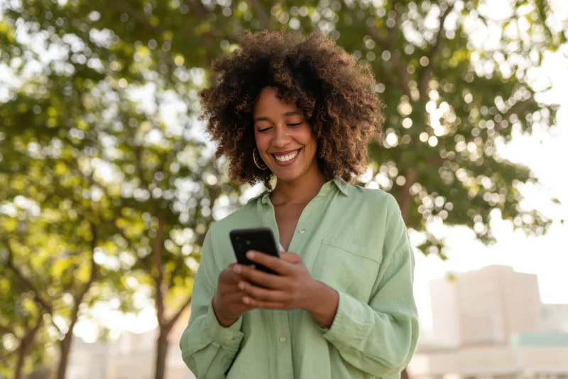Smiling woman with curly hair using smartphone outdoors in a park setting