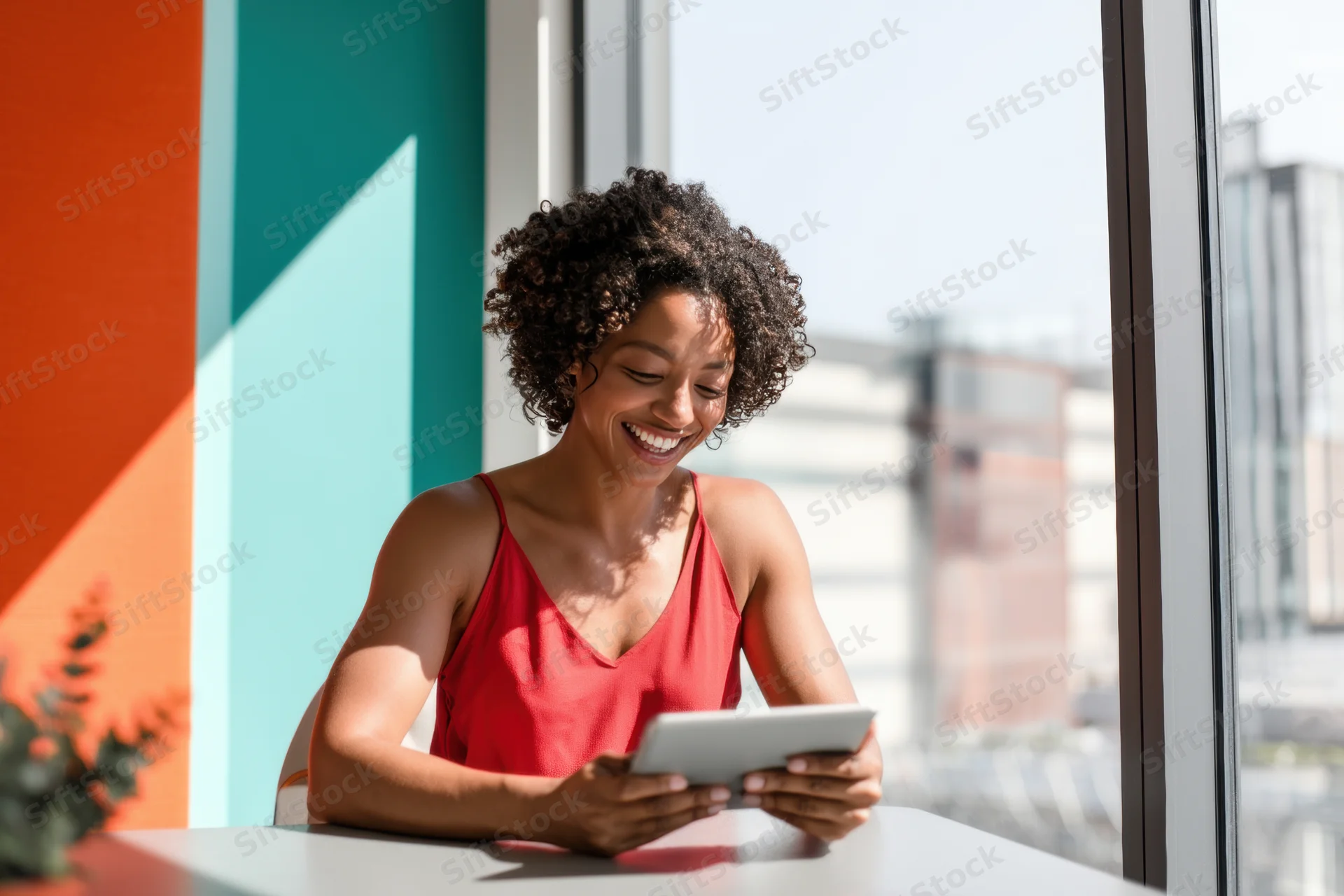 Woman smiling while using tablet at desk by window in modern office