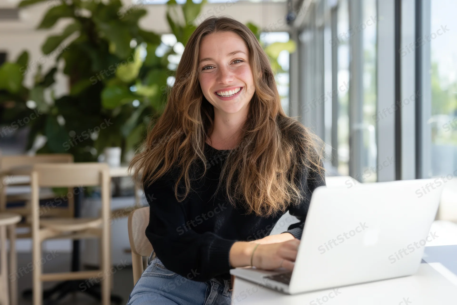 Smiling woman typing on laptop at desk in bright office space