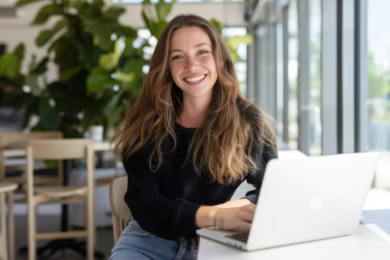 Smiling woman typing on laptop at desk in bright office space