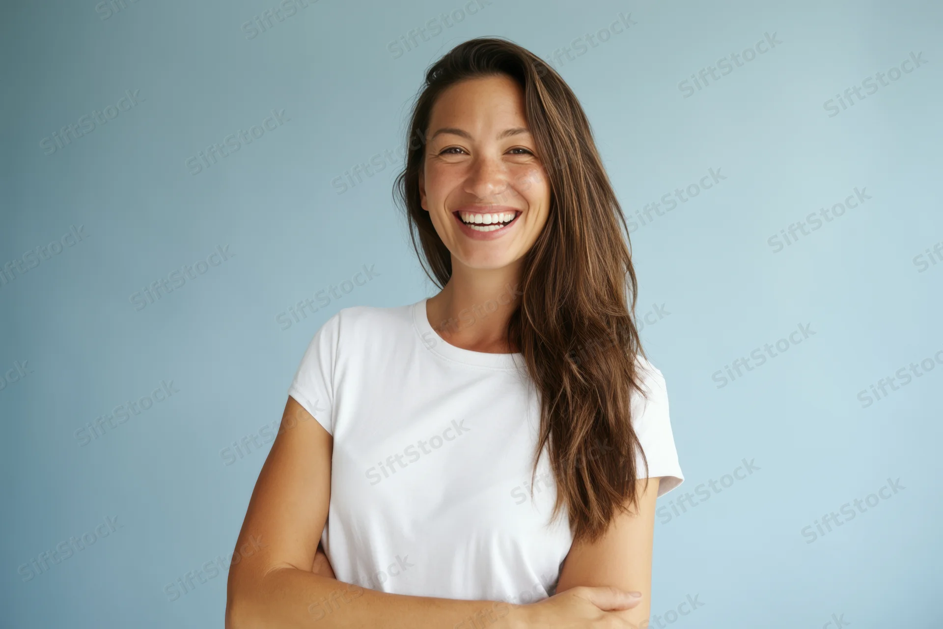 Smiling woman with long brown hair wearing white tshirt, arms crossed, against light blue background
