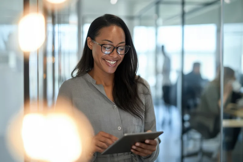 Woman smiling while using tablet in modern office space