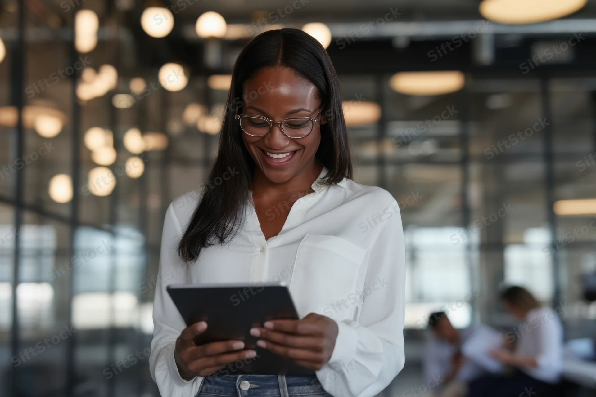 Smiling woman holding tablet in modern office space