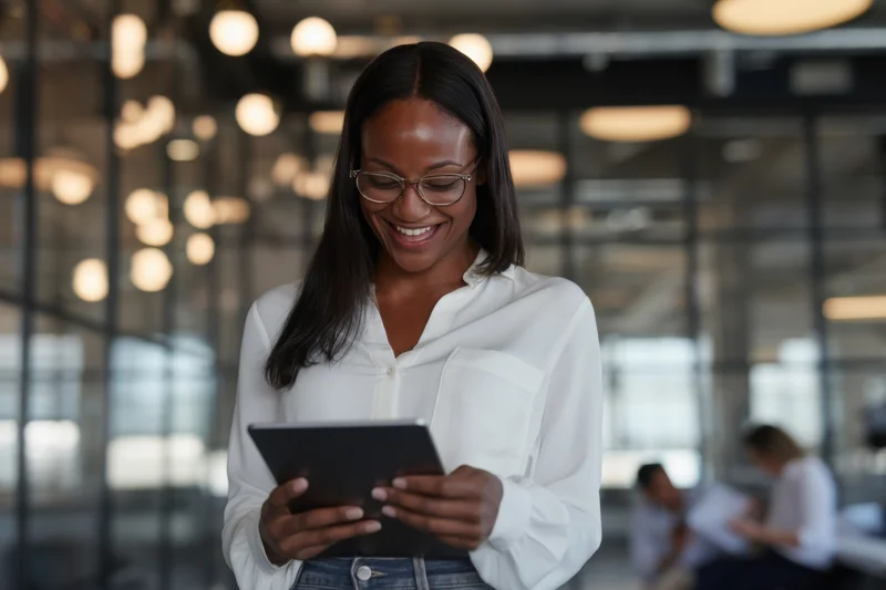Smiling woman holding tablet in modern office space