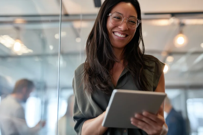 Smiling woman holding tablet in modern office space