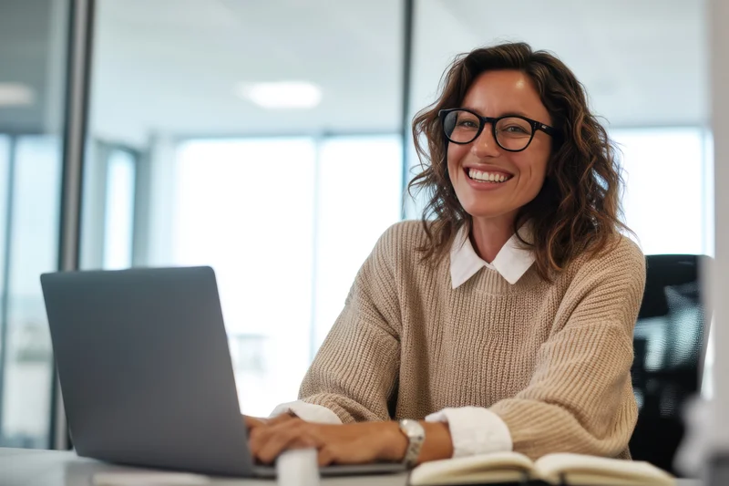 Woman smiling at camera while working on laptop in modern office
