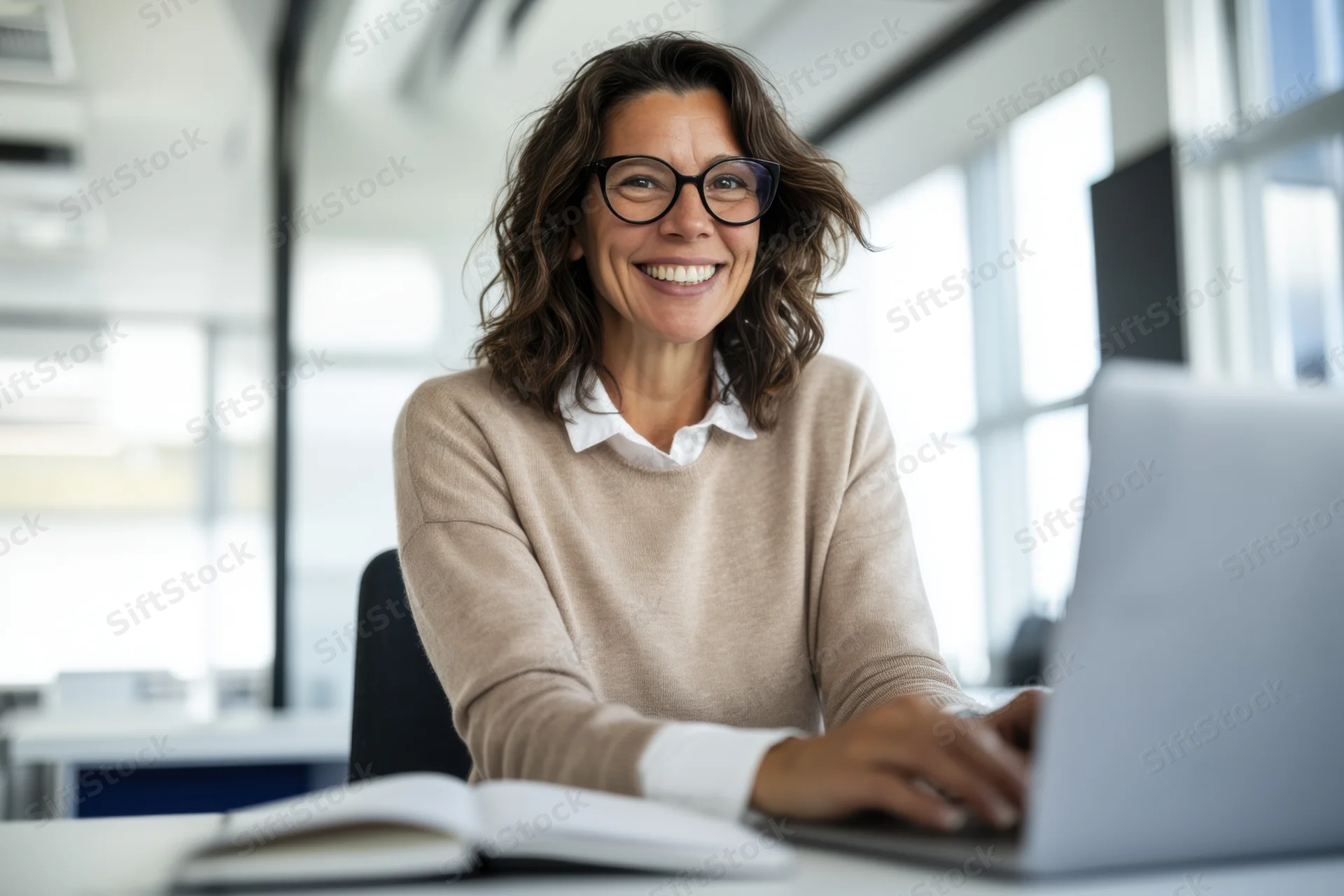 Smiling woman in beige sweater using laptop at office desk