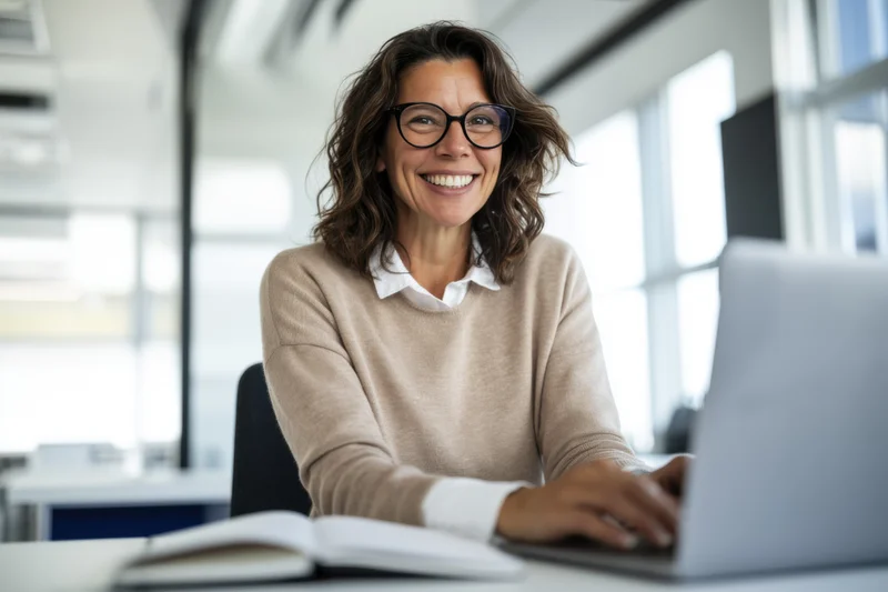 Smiling woman in beige sweater using laptop at office desk